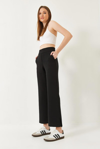 İspanyol Paça Cep Detaylı Beli Lastikli Örme Pantolon 80110 60271045 - Siyah