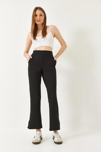 İspanyol Paça Cep Detaylı Beli Lastikli Örme Pantolon 80110 60271045 - Siyah