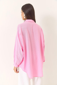 Jakarlı Keten Gömlek 60171028 - Pembe