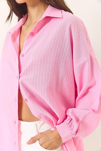 Jakarlı Keten Gömlek 60171028 - Pembe