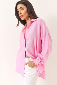Jakarlı Keten Gömlek 60171028 - Pembe