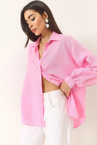 Jakarlı Keten Gömlek 60171028 - Pembe