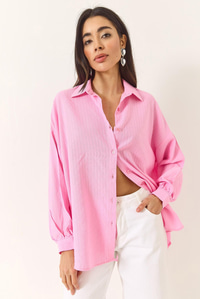 Jakarlı Keten Gömlek 60171028 - Pembe