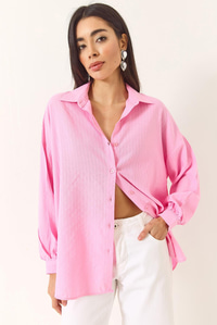 Jakarlı Keten Gömlek 60171028 - Pembe