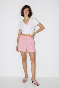 Kadın %100 Pamuk Beli Lastikli Cep Detaylı Müslin Bermuda Şort YP5525 60286315 - Pembe ŞORT & BERMUDA modelleri