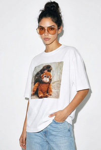 Kadın %100 Pamuk Bisiklet Yaka Maymun Punch Baskılı Oversize T-Shirt ÖT261035 60286081 - Beyaz T-SHİRT modelleri