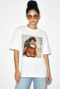 Kadın %100 Pamuk Bisiklet Yaka Maymun Punch Baskılı Oversize T-Shirt ÖT261035 60286081 - Beyaz T-SHİRT modelleri
