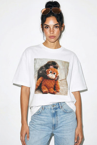 Kadın %100 Pamuk Bisiklet Yaka Maymun Punch Baskılı Oversize T-Shirt ÖT261035 60286081 - Beyaz T-SHİRT modelleri