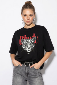Kadın %100 Pamuk Çita Baskılı Yazı Detaylı Oversize T-Shirt ÖT261063 60286379 - Siyah T-SHİRT modelleri