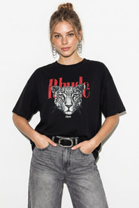 Kadın %100 Pamuk Çita Baskılı Yazı Detaylı Oversize T-Shirt ÖT261063 60286379 - Siyah T-SHİRT modelleri