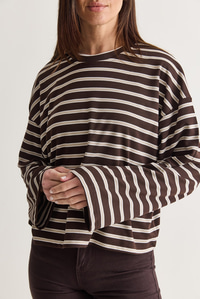 Kadın %100 Pamuk Çizgili Bisiklet Yaka Düşük Omuz Oversize Sweatshirt 12785 60286696 - Kahverengi-Bej SWEATSHİRT modelleri