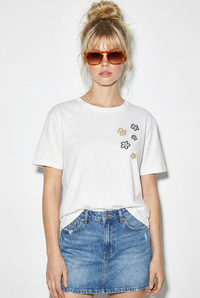 Kadın %100 Pamuk El İşi Çiçek Nakış Detaylı Premium Tasarım T-Shirt 1005 60282050 - Beyaz T-SHİRT modelleri