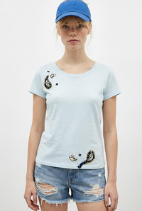Kadın %100 Pamuk El İşi Nakış Detaylı Premium Tasarım T-Shirt 1006 60282052 - Bebe Mavisi T-SHİRT modelleri