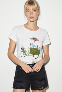 Kadın %100 Pamuk El İşi Nakışlı Bisiklet Baskılı Premium Tasarım T-Shirt 1002 60282047 - Beyaz T-SHİRT modelleri