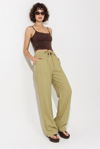 Kadın %100 Pamuk Keten Beli Lastikli Cep Detaylı Bol Pantolon 3466 60286382 - Yağ Yeşili PANTOLON modelleri
