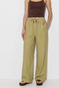 Kadın %100 Pamuk Keten Beli Lastikli Cep Detaylı Bol Pantolon 3466 60286382 - Yağ Yeşili PANTOLON modelleri