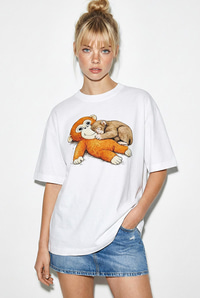 Kadın %100 Pamuklu Bisiklet Yaka Maymun Punch Baskılı Oversize T-Shirt ÖT261036 60286078 - Beyaz T-SHİRT modelleri