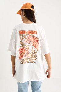Kadın %100 Pamuklu Kaplan Baskılı Oversize T-Shirt 6015 60283454 - Beyaz