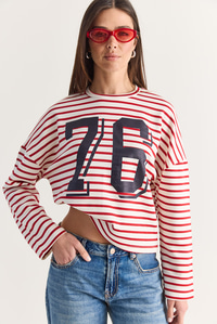 Kadın 76 Baskılı Çizgili Bisiklet Yaka Oversize Modal Sweatshirt 36073 60286738 - Ekru-Kırmızı SWEATSHİRT modelleri