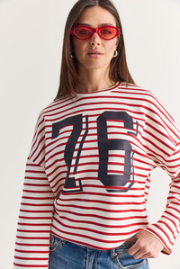 Kadın 76 Baskılı Çizgili Bisiklet Yaka Oversize Modal Sweatshirt 36073 60286738 - Ekru-Kırmızı SWEATSHİRT modelleri