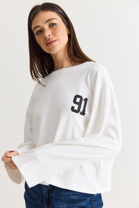 Kadın 91 Baskılı Oversize Uzun Kollu Modal T-Shirt 12470 60286559 - Beyaz T-SHİRT modelleri