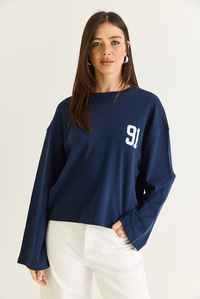 Kadın 91 Baskılı Oversize Uzun Kollu Modal T-Shirt 12470 60286559 - Lacivert T-SHİRT modelleri