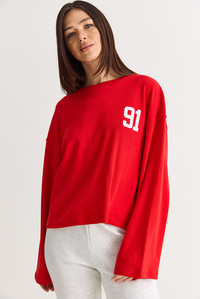 Kadın 91 Baskılı Oversize Uzun Kollu Modal T-Shirt 12470 60286559 - Kırmızı T-SHİRT modelleri