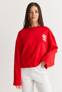 Kadın 91 Baskılı Oversize Uzun Kollu Modal T-Shirt 12470 60286559 - Kırmızı T-SHİRT modelleri