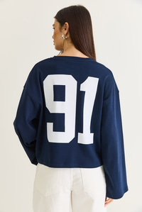 Kadın 91 Baskılı Oversize Uzun Kollu Modal T-Shirt 12470 60286559 - Lacivert T-SHİRT modelleri