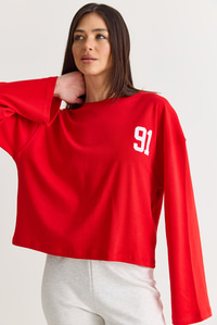 Kadın 91 Baskılı Oversize Uzun Kollu Modal T-Shirt 12470 60286559 - Kırmızı T-SHİRT modelleri