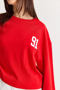 Kadın 91 Baskılı Oversize Uzun Kollu Modal T-Shirt 12470 60286559 - Kırmızı T-SHİRT modelleri