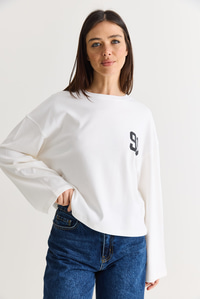 Kadın 91 Baskılı Oversize Uzun Kollu Modal T-Shirt 12470 60286559 - Beyaz T-SHİRT modelleri
