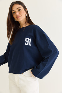 Kadın 91 Baskılı Oversize Uzun Kollu Modal T-Shirt 12470 60286559 - Lacivert T-SHİRT modelleri