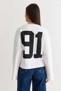 Kadın 91 Baskılı Oversize Uzun Kollu Modal T-Shirt 12470 60286559 - Beyaz T-SHİRT modelleri