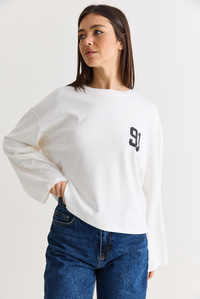 Kadın 91 Baskılı Oversize Uzun Kollu Modal T-Shirt 12470 60286559 - Beyaz T-SHİRT modelleri
