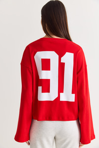 Kadın 91 Baskılı Oversize Uzun Kollu Modal T-Shirt 12470 60286559 - Kırmızı T-SHİRT modelleri