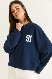 Kadın 91 Baskılı Oversize Uzun Kollu Modal T-Shirt 12470 60286559 - Lacivert T-SHİRT modelleri
