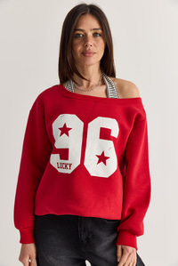 Kadın 96 Lucky Baskılı Birleşik Atlet Detaylı Kayık Yaka Sweatshirt 814 60286601 - Kırmızı SWEATSHİRT modelleri
