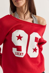 Kadın 96 Lucky Baskılı Birleşik Atlet Detaylı Kayık Yaka Sweatshirt 814 60286601 - Kırmızı SWEATSHİRT modelleri
