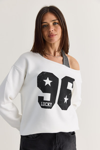 Kadın 96 Lucky Baskılı Birleşik Atlet Detaylı Kayık Yaka Sweatshirt 814 60286601 - Beyaz SWEATSHİRT modelleri