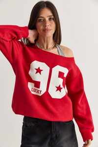 Kadın 96 Lucky Baskılı Birleşik Atlet Detaylı Kayık Yaka Sweatshirt 814 60286601 - Kırmızı SWEATSHİRT modelleri