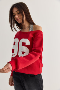 Kadın 96 Lucky Baskılı Birleşik Atlet Detaylı Kayık Yaka Sweatshirt 814 60286601 - Kırmızı SWEATSHİRT modelleri