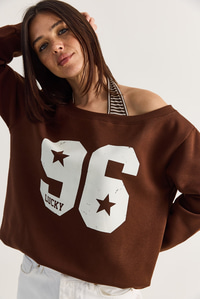 Kadın 96 Lucky Baskılı Birleşik Atlet Detaylı Kayık Yaka Sweatshirt 814 60286601 - Acı Kahve SWEATSHİRT modelleri