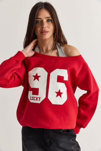 Kadın 96 Lucky Baskılı Birleşik Atlet Detaylı Kayık Yaka Sweatshirt 814 60286601 - Kırmızı SWEATSHİRT modelleri