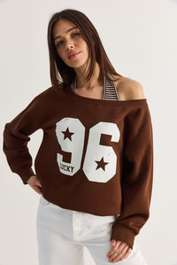 Kadın 96 Lucky Baskılı Birleşik Atlet Detaylı Kayık Yaka Sweatshirt 814 60286601 - Acı Kahve SWEATSHİRT modelleri