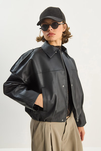 Kadın Apolet Detaylı Cepli Oversize Suni Deri Bomber Ceket 1055 60283650 - Siyah CEKET modelleri
