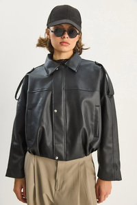 Kadın Apolet Detaylı Cepli Oversize Suni Deri Bomber Ceket 1055 60283650 - Siyah CEKET modelleri