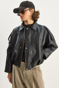 Kadın Apolet Detaylı Cepli Oversize Suni Deri Bomber Ceket 1055 60283650 - Siyah CEKET modelleri