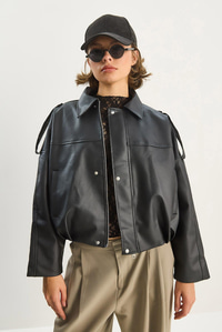 Kadın Apolet Detaylı Cepli Oversize Suni Deri Bomber Ceket 1055 60283650 - Siyah CEKET modelleri