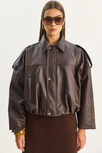 Kadın Apolet Detaylı Cepli Oversize Suni Deri Bomber Ceket 1055 60283650 - Acı Kahve CEKET modelleri